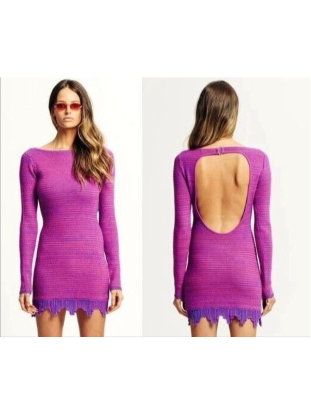 Torn by Ronny Kobo Erin Dress Size L Crochet Knit Open Back Long sleeve Purple